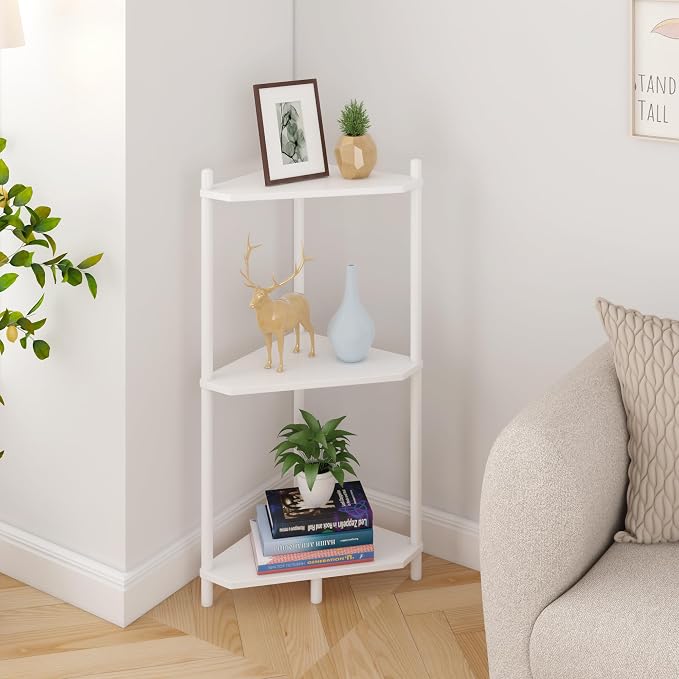 Wisuce White Small Corner Shelf Stand, 3-Tier Bamboo Corner Bookshelf | Space-Saving Narrow Corner Shelf | Bathroom Corner Shelf | Shelves for Bedroom, Living Room, Kitchen & Plant Display