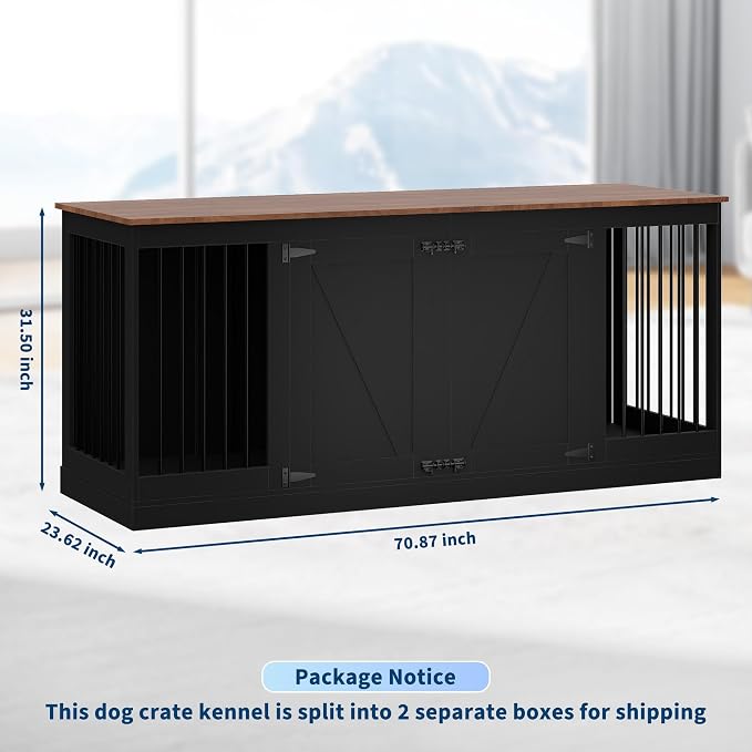 Garvee 70.8" Double Dog Crate Furniture, Farmhouse Dog Crate TV Stand | Heavy Duty Wooden Dog Kennel with Removable Divider & 2 Lockable Doors, Easy Assembly