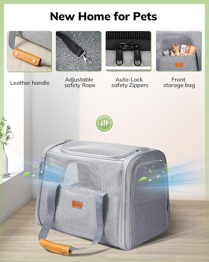 Morpilot Cat Carrier Soft for Large Medium Cats and Puppy up to 18lbs | with Dual-Sided Cushion, Secure Buckle and Foldable Bowl, Dog Carriers for Small Dogs - Pet Carrier (Light Gray)
