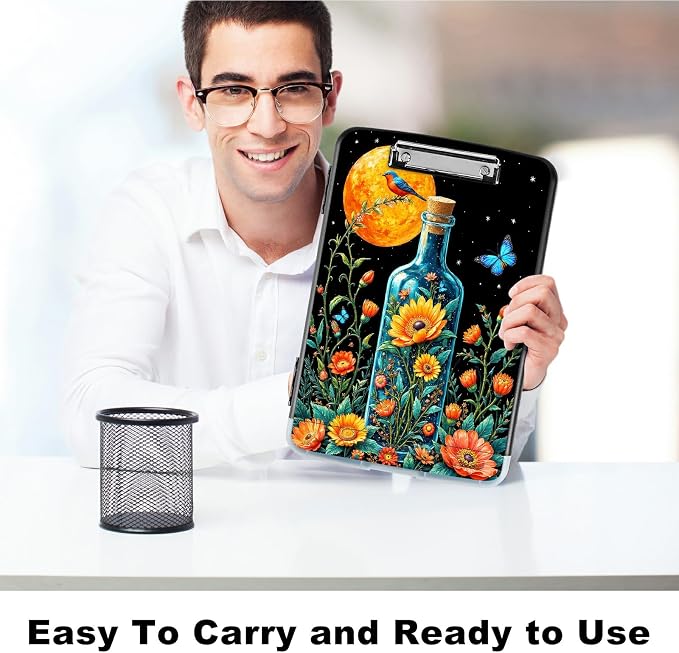 A4 Clipboard with Storage Pen Holder, Clipboards Organizer Nursing Clipboard Foldable File Folder Plastic Clipboard Folio Clip Board for Office Classroom Doctor, Drift Bottle Flowers Birds