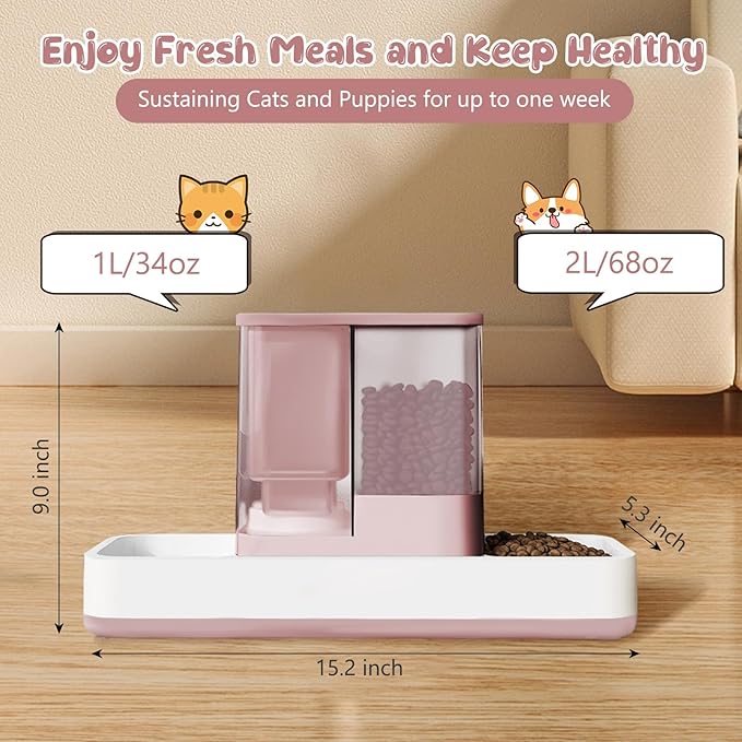 GearRoot Automatic Cat Feeder and Water Dispenser, 2 in 1 Gravity Pet Food Feeder and Water Dispenser Detachable Cat Food Dispenser for Small Dogs and Cats, Pink