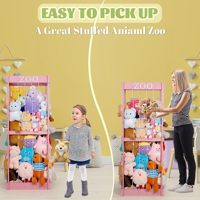 Trycooling Wood Stuffed Animal Zoo Stuffed Animal Storage, Pink | Plushie Storage, Stuffed Animals Zoo Storage Cage with Zoo Pattern Elastic Band for Nursery Play Room Bedroom
