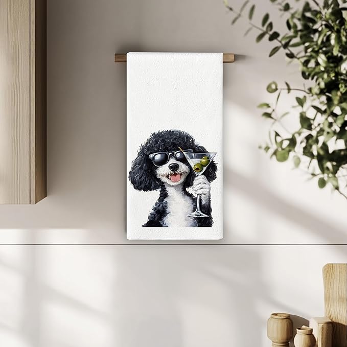 Funny Poodle Kitchen Towels - Funny Martini Lovers Gifts, Home Bar Decor, Black Poodle Dog Cocktail Hand Towels Dish Towels for Kitchen Home Bar, 16x24 Inch