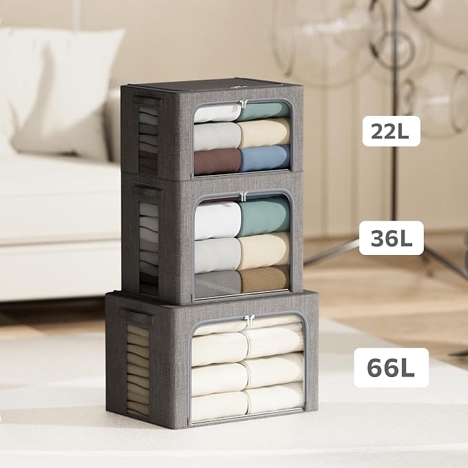 4 Pack Clothes Storage Bins with Metal Frame - 36L Stackable Storage Box with Lid，Foldable Storage Container Organizer for Clothes，Linen Fabric Storage Box with Clear Window＆Zippers＆Handles
