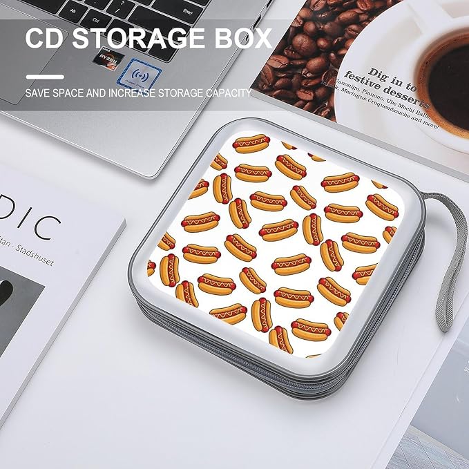 Portable CD Holder Case with Strap Hot Dog Food, 40-Capacity Hard Plastic Storage Binder, Protective Wallet for Car Office Travel