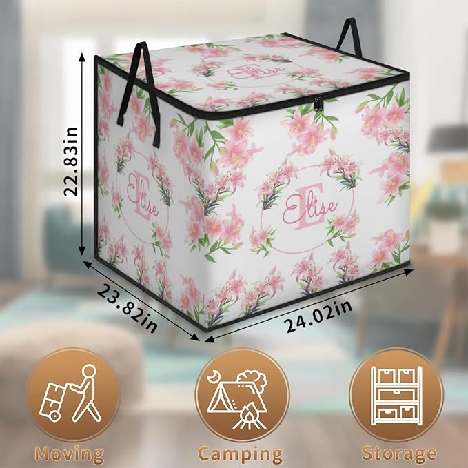 Personalized Storage Bags Large Organization Storage Containers for Comforters, Bedding, Blanket Foldable Organizer with Reinforced Handle, Pink Lily Floral