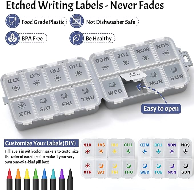 Foldable & Portable Pill Organizer 2 Times A Day with Extra Compartments - Etched Labels - Weekly 7 Day AM PM Medicine Box, Week Daily Travel Pill Case Holder Dispenser for Vitamin, Supplement - Grey