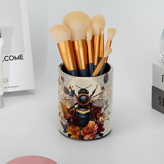 Faux Leather Pen Holder for Desk, Pencil Organizer Cute Bee Pen Cup Desk Decor Makeup Brush Holder Storage for Office Home