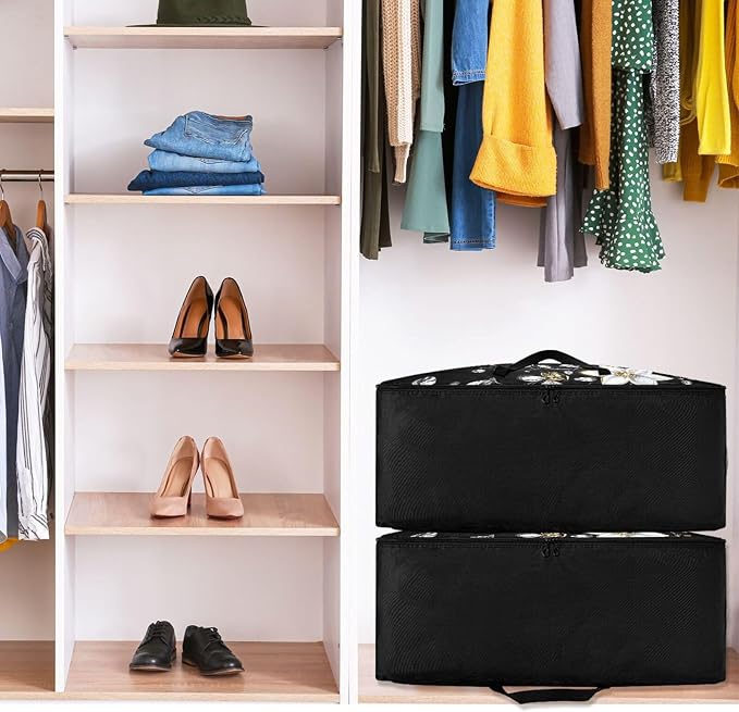 Comforter Storage Bags Large Folding Blanket Organizer Bag with Strong Handles Clear Window Closet Storage Containers for Clothes King Queen Pillows Bedding Quilt Duvet Diamonds Bees Flower