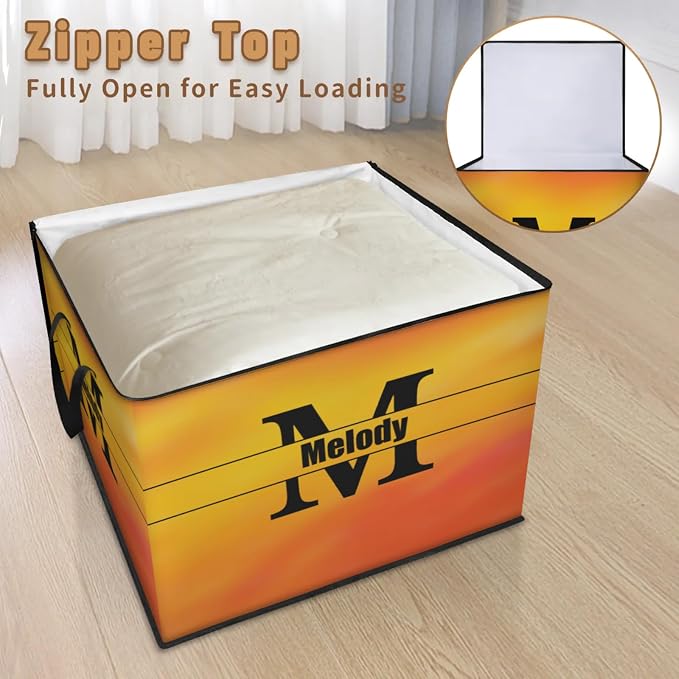 Custom Name Comforter Storage Bin with Lid, Personalized Initial Letter XL Storage Basket with Handles Zippers for Organizing Blankets, Bedding Closet Shelf Baskets, Gradient Yellow Orange