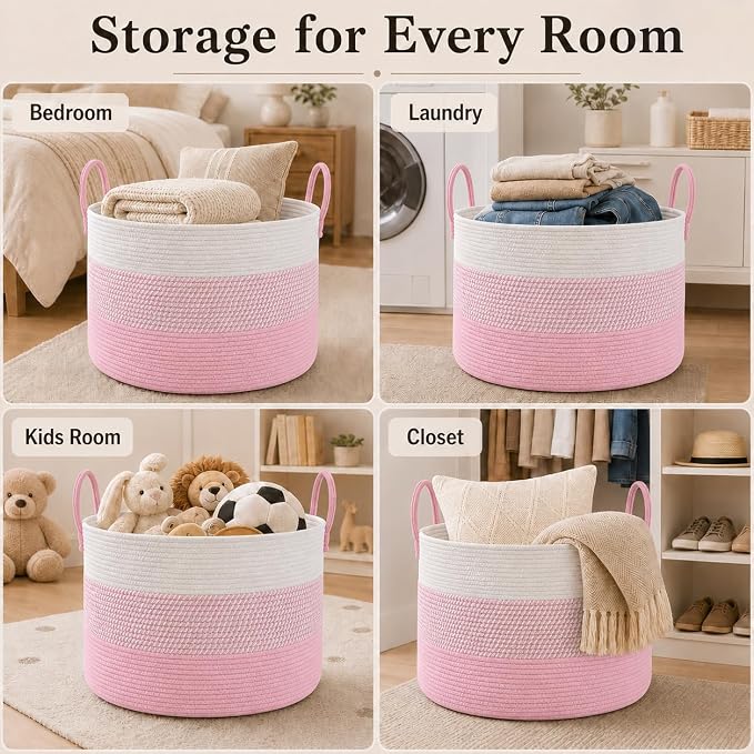 JMvicyroam 115L Extra Large Blanket Basket for Living Room - Woven Cotton Rope Laundry Hamper with Reinforced Handles - Storage Bin for Pillows, Comforters & Toys - Machine Washable,White&Pink Mix