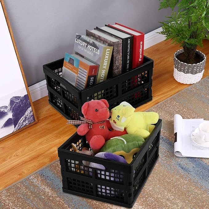 Morcte 3-Pack 15 L Plastic Collapsible Storage Crates, Black | Folding Plastic Crates, Foldable & Stackable, Sturdy & Lightweight, for Home, Office