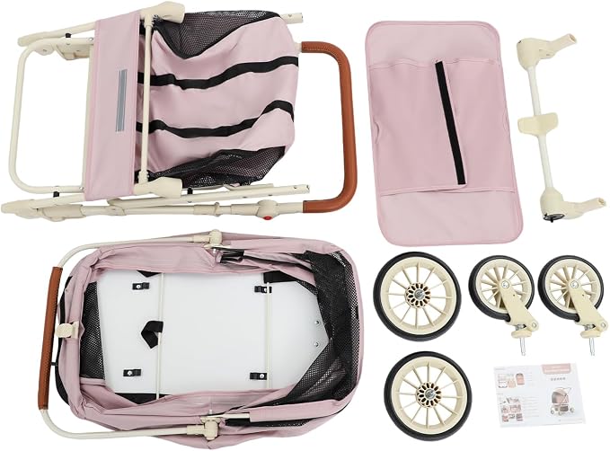 Foldable Double Tier Pet Cart, 360° Swivel Wheel Travel Carrier, Pink | Breathable Oxford Cloth Carbon Steel Frame, Brake Wheels & Pet Friendly Windows For Dog Cat Outdoor Walk Trip