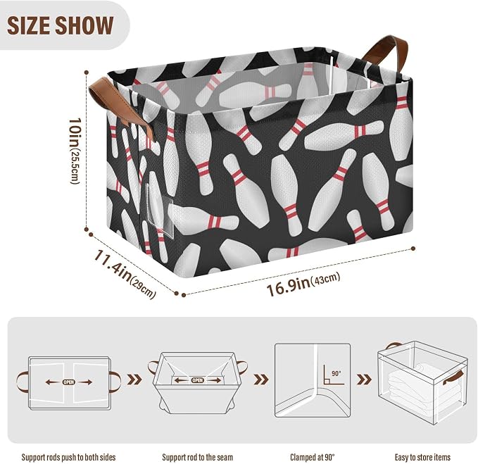 Black Background Bowling Storage Basket Foldable Cube Storage Bins with Handles&Label Waterproof Collapsible Organizer Box Bin Large Rectangle Decorative Baskets for Shelves Home Room Laundry