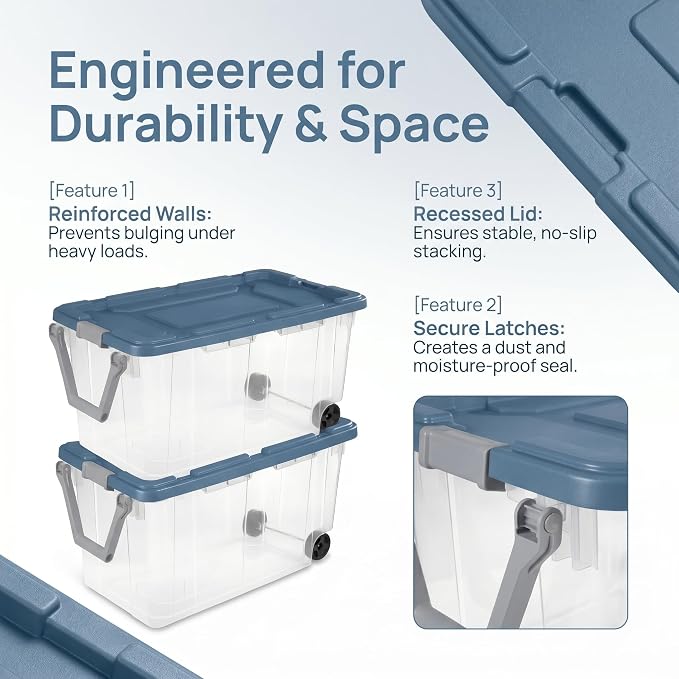 2 Pack 40 Gallon Extra-Large Rugged Clear Storage Bin with Wheels