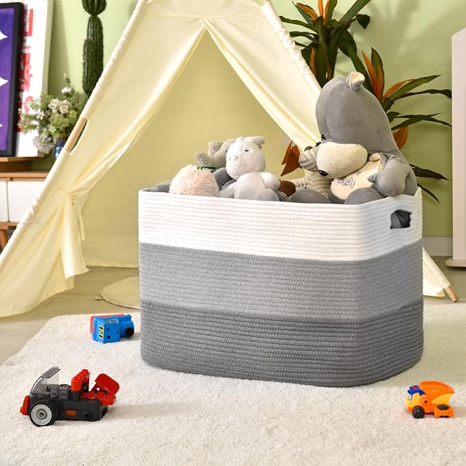 ICERZCZ Extra Large Blanket Basket Living Room, Rectangle Storage Basket, Large Woven Baskets for Storage, Cotton Rope Basket for Toys, Clothes, Gradient Grey - 25”x16”x16” (105L)