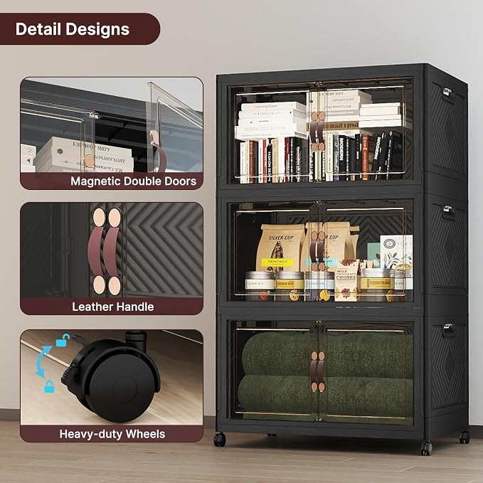 Stackable Storage Bins with Lids, 540QT Lockable Storage Cabinet | Folding Storage Box with Doors and Wheels, Collapsible Plastic Drawers for Home, Garage, Office