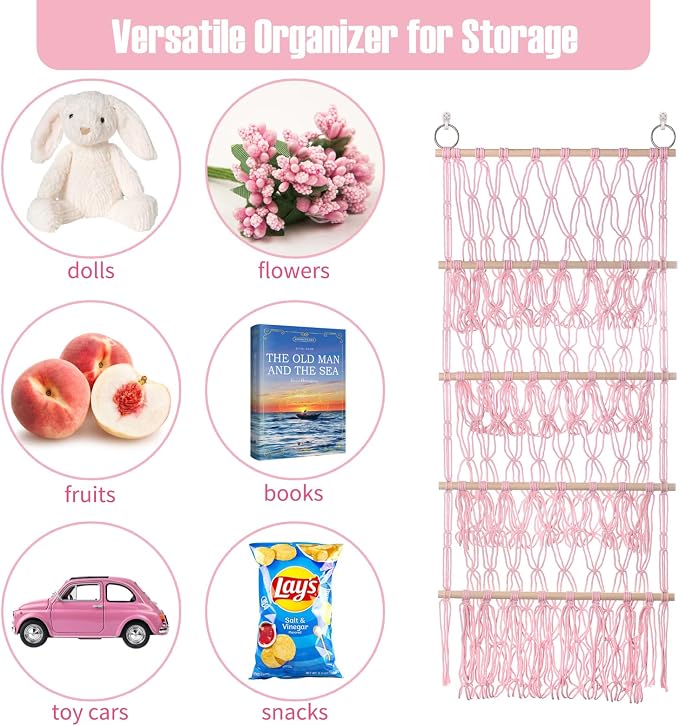 Stuffed Animal Net or Hammock Large Plushie Net Corner 4 Layer Toy Storage | Handmade Stuffed Animal Hammock Net with Boho Macrame Design Corner Organized Saves Space Holder Hanging for Plush Toys Pink