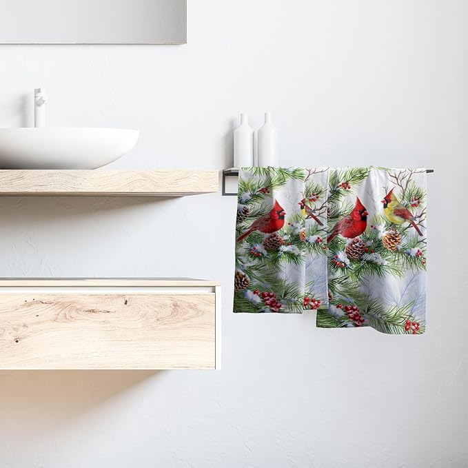 Giwawa Winter Birds Towel Set of 2 Christmas Red Birds Holly Berries Decorative Hand Towels Xmas Snow Pine Cones Soft Microfiber Face Towel Washcloth for Bathroom Guest Gym Spa Hotel Holiday