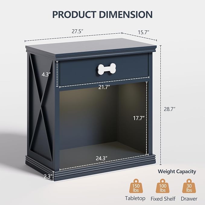 Cat End Table, Dog Crate Table Hidden Litter Box Enclosure with Drawer, Cat Side Table Storage Cabinet with Light and Pet Bed, Dog Kennel End Table, Nightstand for Living Room