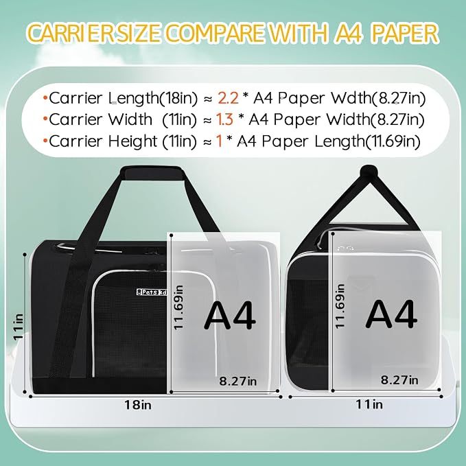 Small Pet Carrier 18" L x 11" W x 11" H Airline Approved, Black | for Delta/American/United Airlines, Lockable Safety Zippers and Anti-Scratch Mesh, Pets Under 10 lbs