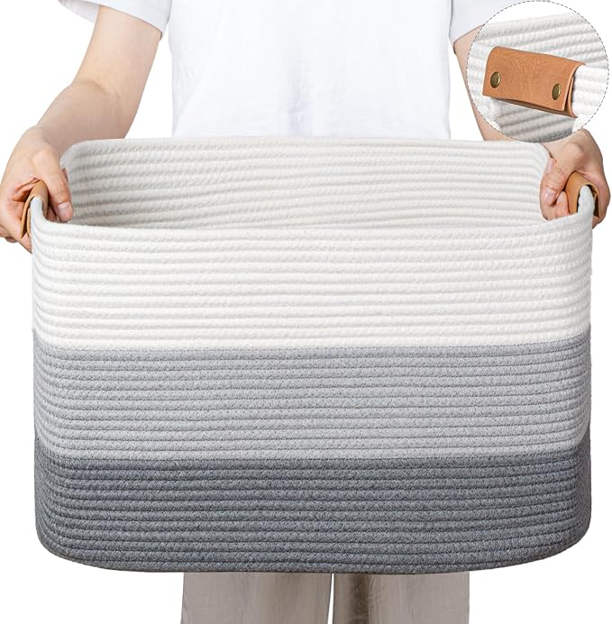 danpinera Blanket Basket, 72L Rectangle Large Basket for Living Room, Baby Room & Laundry, Woven Cotton Rope Toy Bin Baby Nursery Room Storage, 22’’*17’’*11.8’’, Gradient Grey