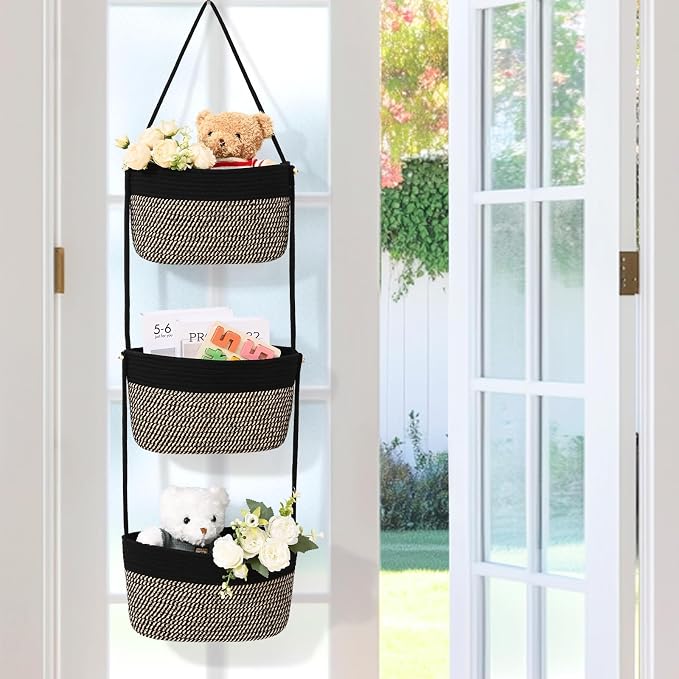 Hanging Basket, 3-Tier Woven Wall Basket with 4 Hooks, Cotton Rope Storage Baskets, Over the Door Organizer for Nursery, Bedroom, Cottage and Boho Wall Decor