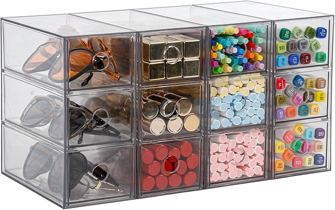 Clear Desk Drawers Organizer, 4 Pack, 12 Drawers, Plastic | For Home Office Supplies, Marker Pen, Art Crafts, Crayons, Coffee Pods, Makeup, For Bathroom, Kitchen, Pantry, Coffee Bar