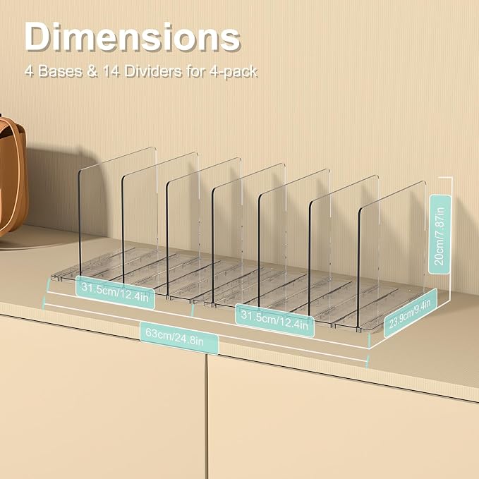 SortNStore Bag & Purse Organizer for Closet: Adjustable Clear Dividers | Plastic Clutch for Closet Organizers Handbag Storage - Keep Carteras & Pocketbook Upright 4 Pack - 14Dividers