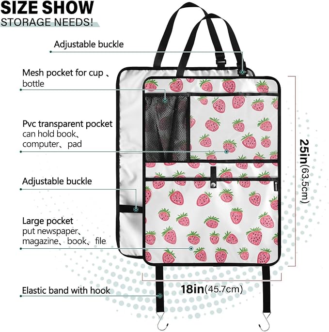 JIPONI Car Backseat Organizer, Small Strawberrys Automotive Back Seat Protector, Kick Mats with Storage Pockets for Kids Pets, Road Trip Accessories (2 Pack)