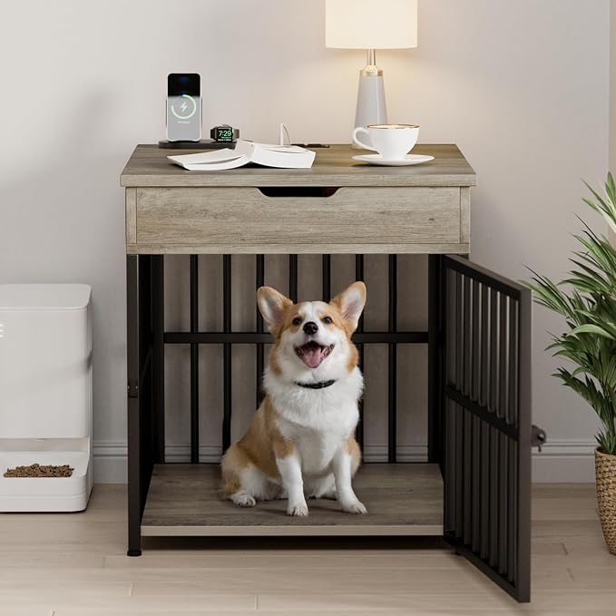 IRONCK Dog Crate Furniture for Small Dogs, Gray | Wooden Dog Kennel with Flip Top Drawer, Indoor Pet Crate End Table with Charging Station, Steel-Tube Dog Cage