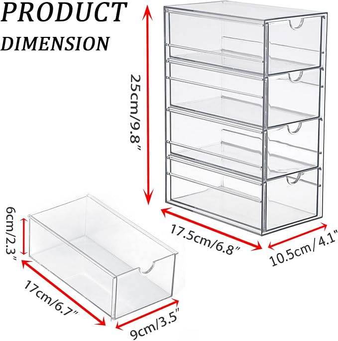 Hipiwe Plastic Drawer Organizer Clear Storage Box with 4 Pull Out Drawer | Drawers Box for Bathroom, Dresser, Cosmetic Hair Tie Container for Women