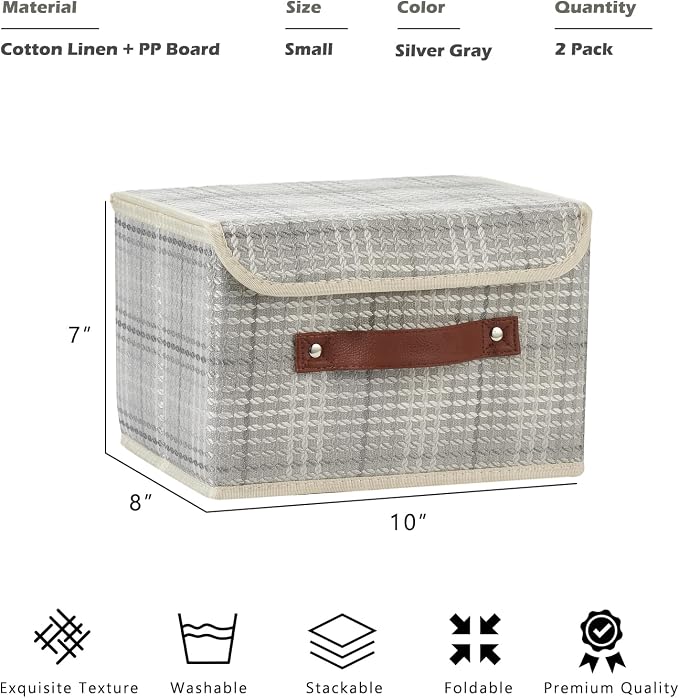 2PCS Storage Box with Lid Decorative Textured Fabric Bin Basket | Clothes Organizer for Closet Shelf, Collapsible Washable, w/ Faux Leather Handles, Silver Gray (3D Textured), Small