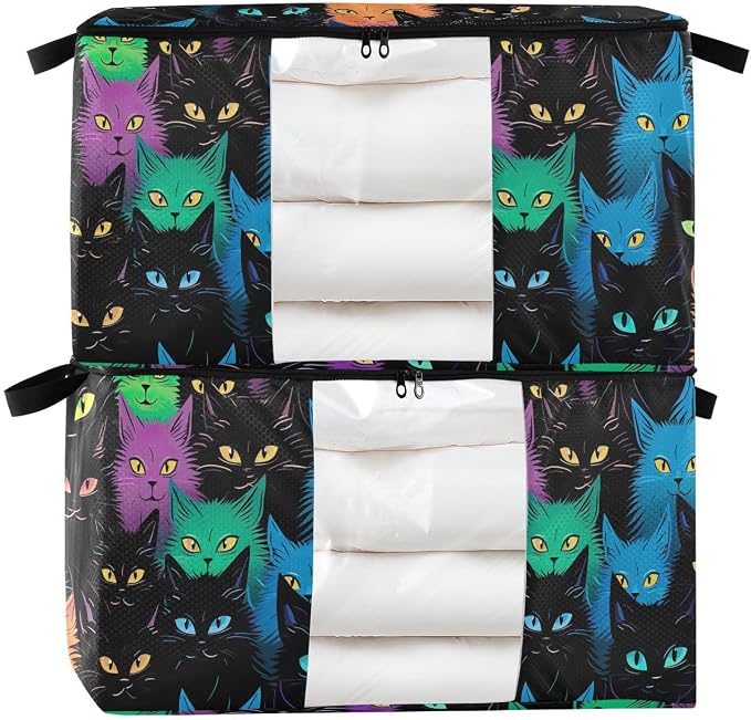 Cute Cat Black Clothes Storage Bag Bins 2 Pack Foldable Storage Containers Large Closet Organizer with Zipper Storage Cubes for Bed Sheets Comforters Clothing 95L