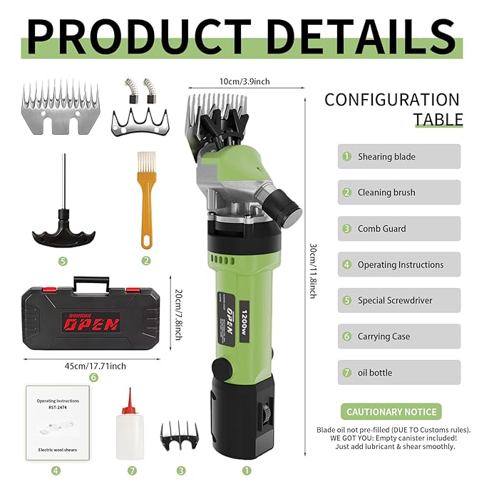 1200W Sheep Shears Clippers, 3200RPM 6-Speed Adjustable Heavy Duty Electric Sheep Shears for Dogs and Farm Livestock Grooming, 13T Blades, Professional Thick Coat Dog Clippers for Alpacas (Green)
