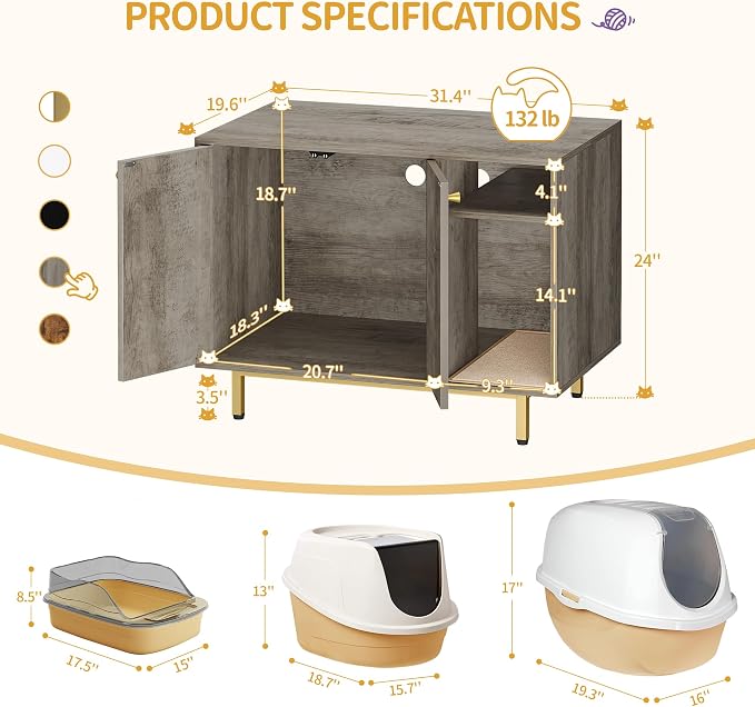 Hzuaneri Cat Litter Box Enclosure, Hidden Litter Box Furniture with Storage | Large Wooden Cabinet with Sisal Mat, Modern Cat Washroom for Living Room, Bedroom, Entryway, Greige and Gold CB01505G