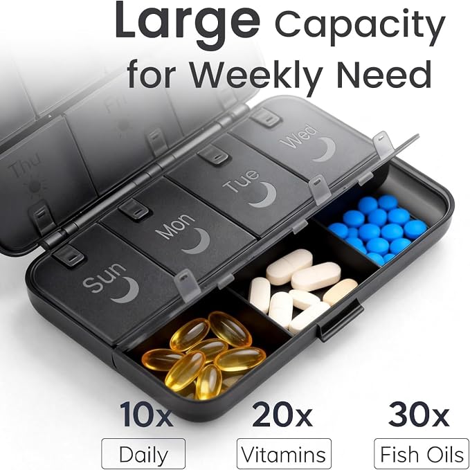 Foldable Weekly Pill Organizer 2 Times A Day, [2026 Version] Large 7 Day Medicine Pill Organizers w/Permanent Etched Labels, Travel AM PM Pills Box Case (Black)