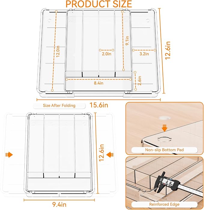 Clear Expandable Silverware Drawer Organizer,9.4-15.6In Adjustable Silverware Tray for Drawer,Acrylic Kitchen Utensil Drawer Organizer for Cutlery,Flatware Organizers and Fork and Spoon Holder