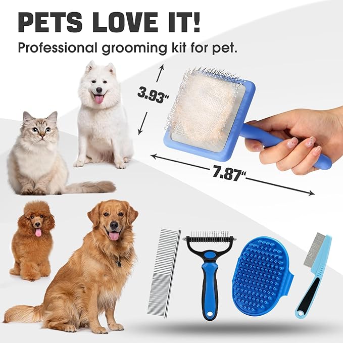 Bonteck Dog Slicker Brush for Dogs Grooming Kit 4PCS | Large Dog Brush for Goldendoodles Poodles Doodles | Long Pin Haired Brush | Poodle Brushes and Comb (Blue)
