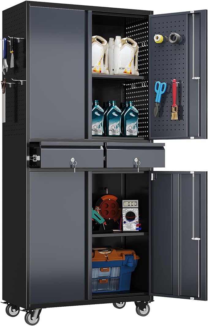 Reemoon Garage Storage Cabinet with Wheels and Doors,71" H Metal Storage Cabinet with Pegboard and 2 Drawers for Garage, Warehouse,Home,Required Assembly,Black and Dark Grey