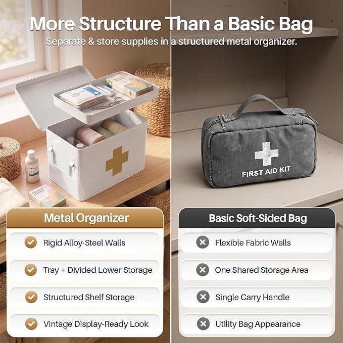 Flexzion Large Metal First Aid Box Empty, 13-Inch, White with Gold Cross | Vintage Medicine Box and First Aid Storage Organizer with Removable Tray and Dividers; Empty Box Only, Supplies Not Included