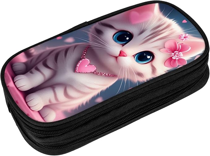 Cartoon Cat Cute Pencil Pouch, Oxford Cloth Pen Case With Double Zipper Compartments, Portable Stationery Organizer For Office Supplies, Travel Accessories Makeup Items