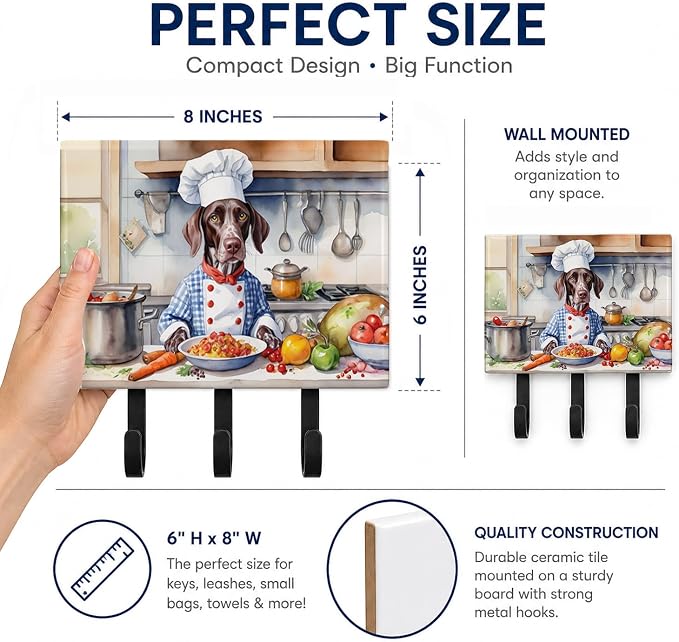 Caroline's Treasures German Shorthaired Pointer The Chef Leash or Key Holder Wall Hooks, Key Hooks Holder, Coat Rack Wall Mount, Coat Hooks, Hooks for Hanging Keys, Towels, Aprons, Leashes | German Shorthaired Pointer The Chef artwork on ceramic tile w...