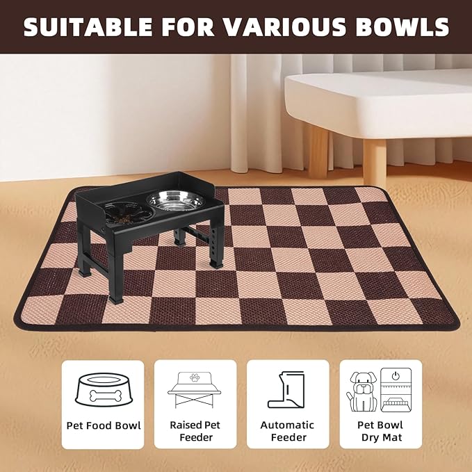 PUPTECK Dog Food Mat, Absorbent Pet Cat Feeding Mat for Food and Water Bowls, Anti-Slip Dog Placemat for Floors Waterproof, Pet Supplies Accessories, Brown & Khaki Checkered M
