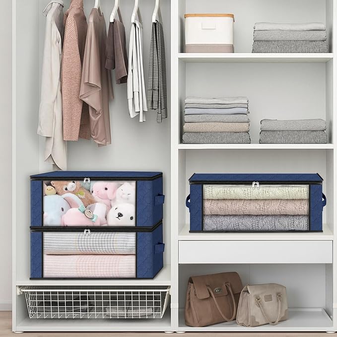 HomeHacks 8-Pack Clothes Organizer Storage Bags, 35L Storage Bins, Blue | Foldable Storage Box Container with Zippers, Clear Window, Reinforced Handles for Closet, Dorm, Pillows, Bedding, Sweater