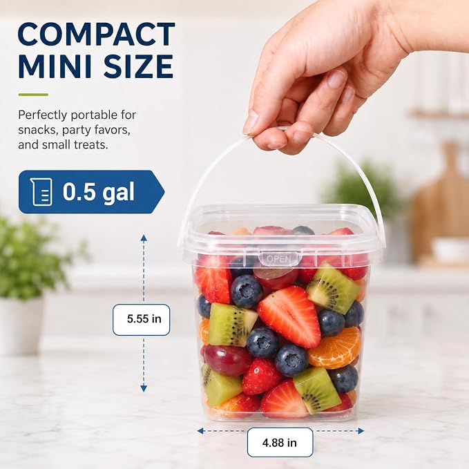 METAPACK 0.5 gal/2L Square Food Storage Container with Lid and Handle | Stackable Containers for Candy, Desserts, Party Favors, Kids Snacks, Kitchen Organization and Portable Food Storage