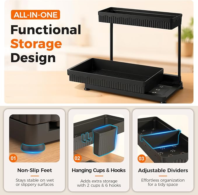 3-Pack 2-Tier L-Shaped Under Sink Organizers with Sliding Drawers | Multi-use kitchen & bathroom storage, 14.85 inch black cabinet organizer, space-saving sliding drawer design.