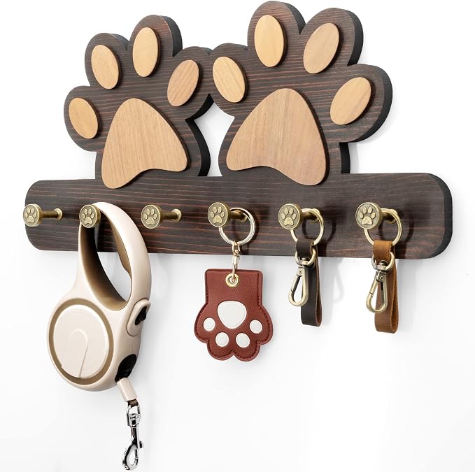 MTERSN Cute Dog Leash Holder for Wall for Apartment Essentials, Dark Brown | Acacia Wood, 3D Pet Claw Hooks, Wall Key Holder with 6 Hooks Dog Leash, Ideal for Wall Decor, Gift Idea for Dog Lovers