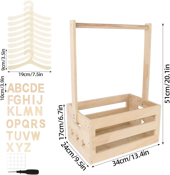 13.5"x9.5"x20.1" Wooden Pet Wardrobe Closet with Hangers, Personalized Alphabet Letters & Sticker, Easy Assembly Crate for Dog/Cat Closet, Dog Closet Organizer for Toys Clothes and Accessories