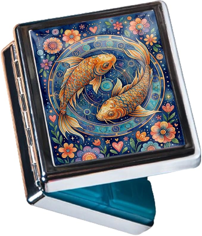 Weekly Pill Organizer, Metal Pill Box with 8 Compartments, Small Travel Pill Case for Purse Pocket, Medicine Vitamin Supplement Organizer (Zodiac Koi)